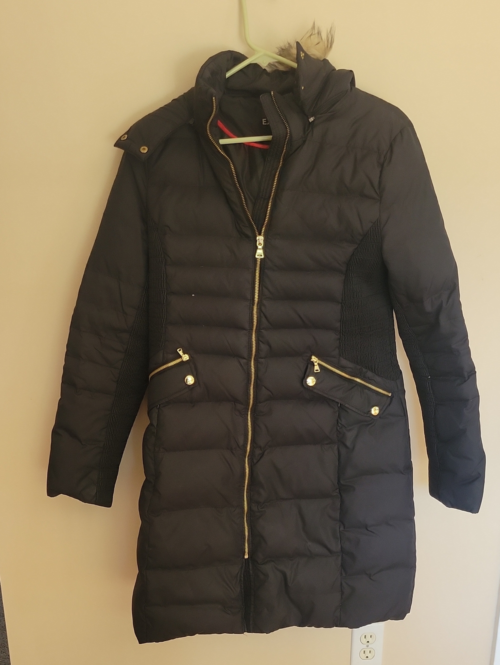 Express Black Quilted Long Puffer Coat with Gold Hardware